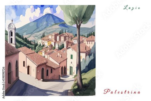 Tableau sur toile Palestrina: Poster with the name of the Italian city Palestrina and a water colo