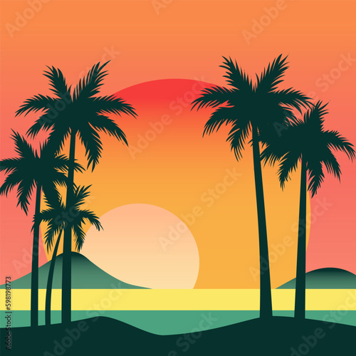 Evening sunset in orange colors. Vector illustration in the style of flat. Sun, mountains, sea and palm trees