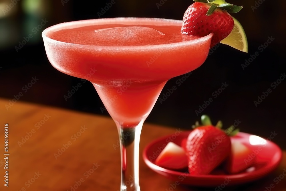 organic cocktail with strawberry and ice in mojito glass, elegant fancy dark environment background, crafted tropical drink, generative ai