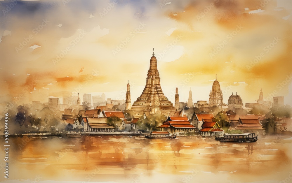 Obraz premium Illustration freehand watercolor drawing and painting of Bangkok, Siam town, Thailand, Generative AI.