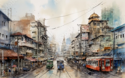 Illustration freehand watercolor drawing and painting of Bangkok, Siam town, Thailand, Generative AI. © amankris99