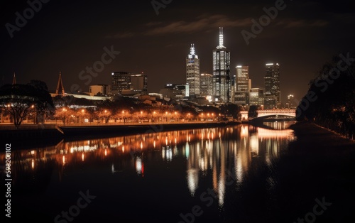 Skyline of Melbourne, Australia across the Yarra River at night , Generative AI.