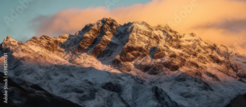 The Remarkables in Queenstown New Zealand in the winter at sunset, Generative AI.