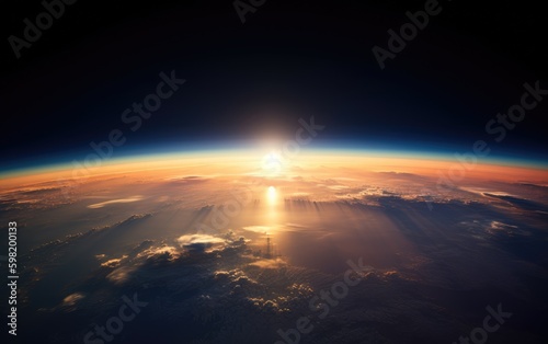 View of the sunrise above planet earth, Generative AI.