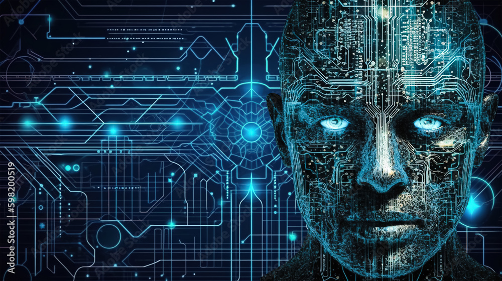 Human-like Artificial Intelligence Head with Electronic Circuit Skin Texture and Computer Components on Dark Geometric Digital Pattern Background, generative ai Human-like Artificial Intelligence Head with Electronic Circuit Skin Texture and Computer Components on Dark Geometric Digital Pattern Background, generative ai