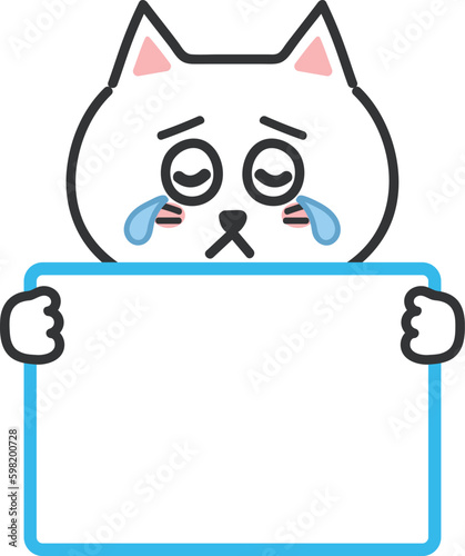 White cartoon cat shedding tears holding a whiteboard, vector illustration.