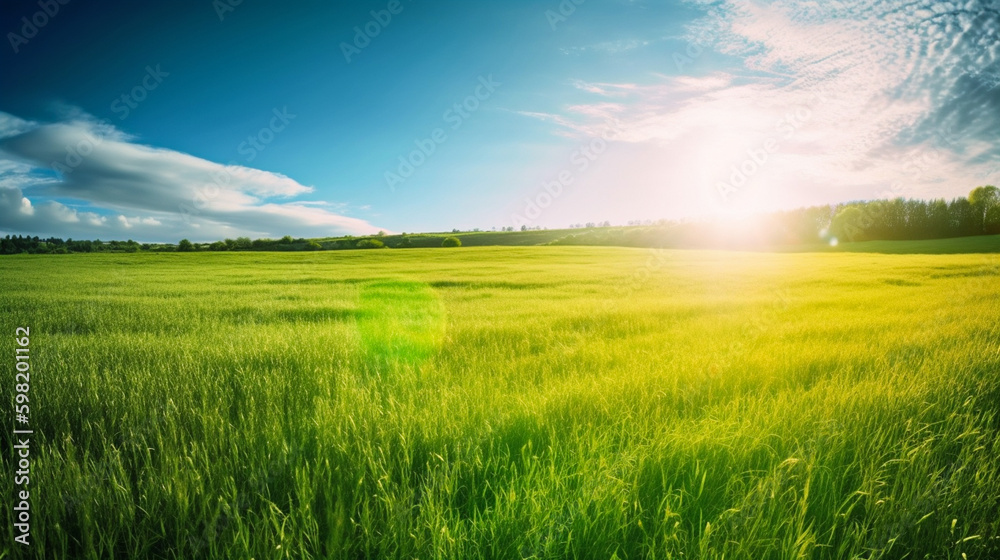 Land scape image of Extensive lawn and blue sky, white clouds and the sun on the horizon. Generative Ai