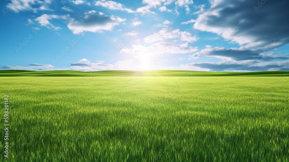Obraz premium Land scape image of Extensive lawn and blue sky, white clouds and the sun on the horizon. Generative Ai
