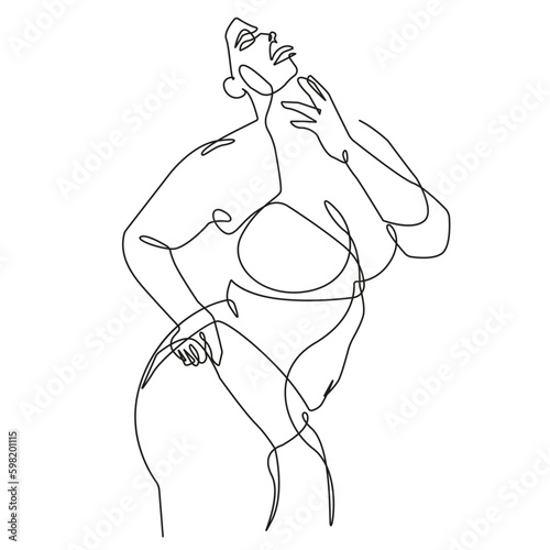 Curvy Woman Body Line Art Drawing. Fat Female Figure Black Lines Drawing Minimalist Style. Body Positive Woman Figure Continuous One Line Abstract Drawing. Vector Illustration