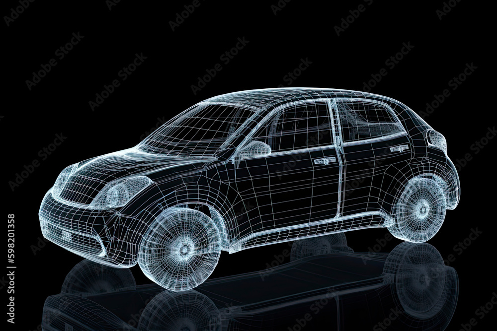Naklejka premium Augmented reality of wireframe car concept on the road and futuristic city on the background. Professional 3d rendering