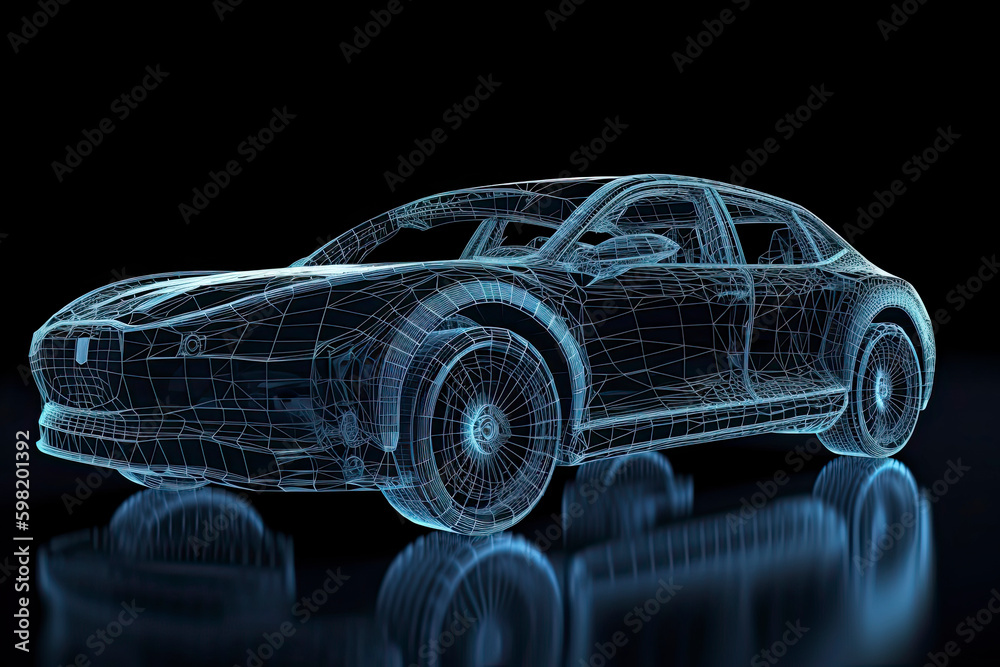 Naklejka premium Augmented reality of wireframe car concept on the road and futuristic city on the background. Professional 3d rendering
