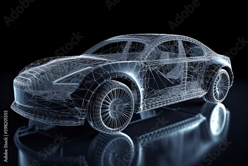 Augmented reality of wireframe car concept on the road and futuristic city on the background. Professional 3d rendering