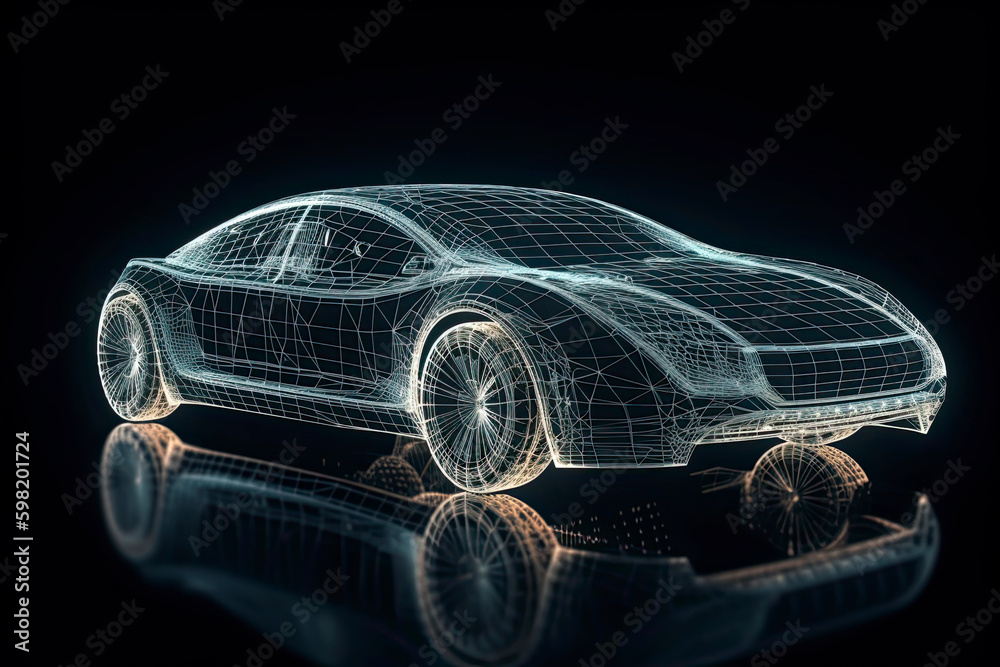 Naklejka premium Augmented reality of wireframe car concept on the road and futuristic city on the background. Professional 3d rendering