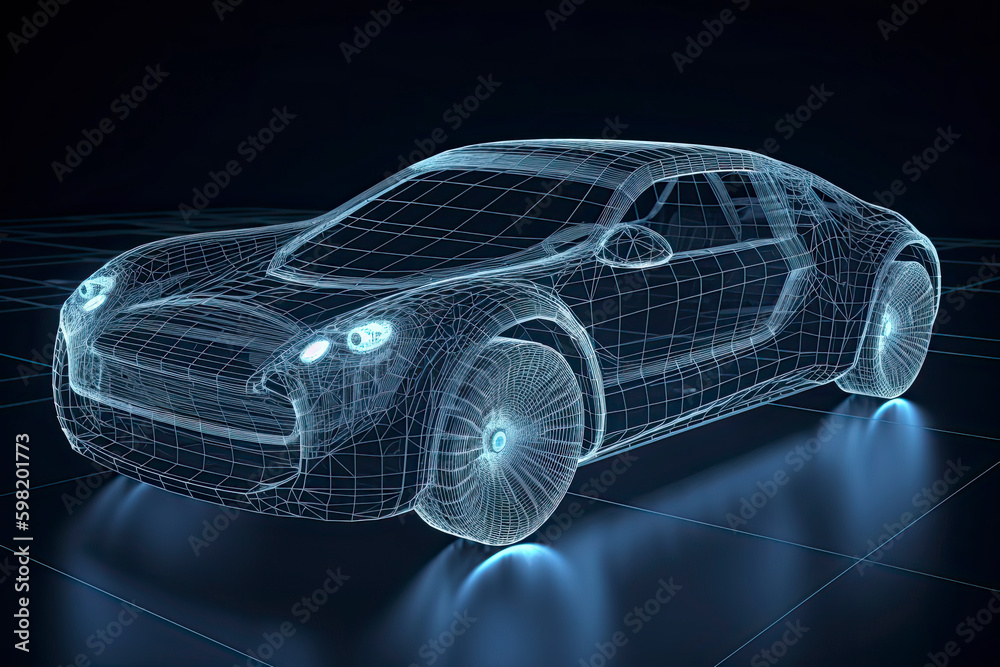 Naklejka premium Augmented reality of wireframe car concept on the road and futuristic city on the background. Professional 3d rendering