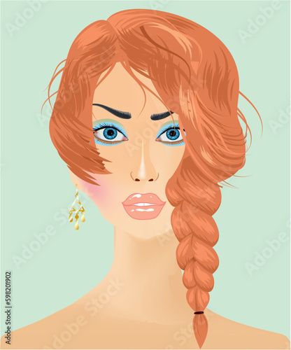 composition with a beautiful girl with a red braid