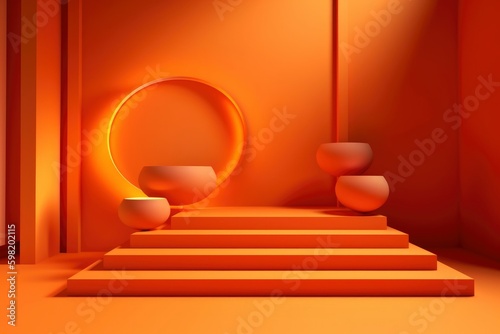 product display platform podium, orange round leveled  background spot light show case , generative ai © Anna Elizabeth