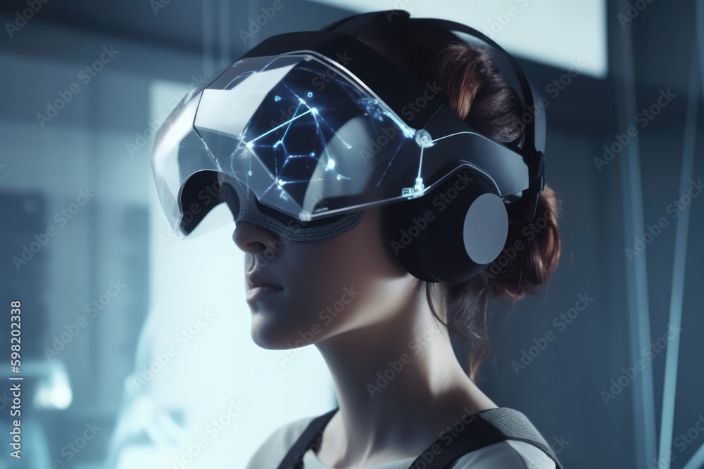 Office worker woman in vr helmet. Female using Virtual reality display in office tasks generative ai. Office worker woman in vr helmet. Female using Virtual reality display in office tasks generative ai.