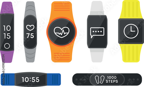 Set of colored wristwatches, fitness bracelets in cartoon style. Vector illustration of various fitness watches with electronic display for measuring heart rate, pedometer, message.