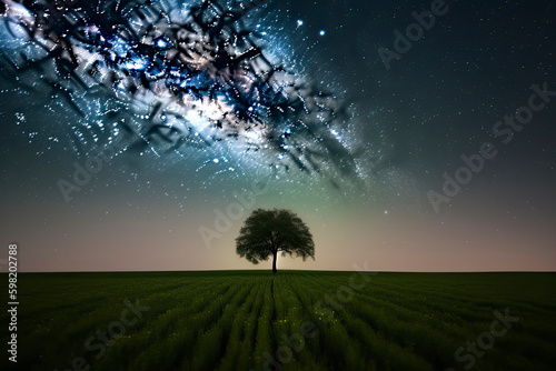 A single tree in a field with beautiful space background