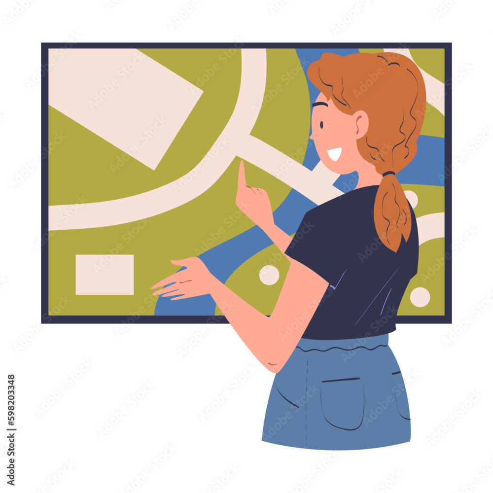 Woman Character Using Information Board With Interactive Map Interface Woman character using information board with interactive map interface