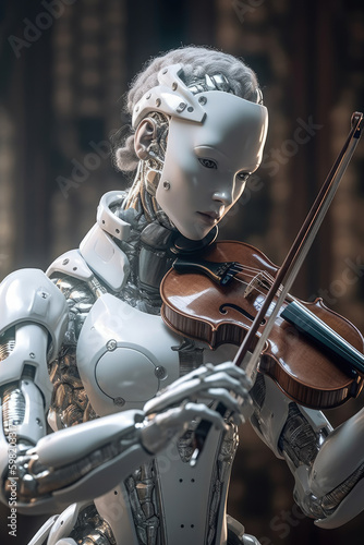 Robot playing violin. Ai with a musical instrument. Futuristic concept technology generative ai.