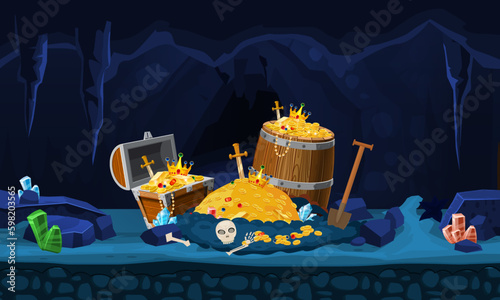 Fantasy Treasure cave with pile of gold coins, wooden chest, barrel, crystals, gem, money sword and skull