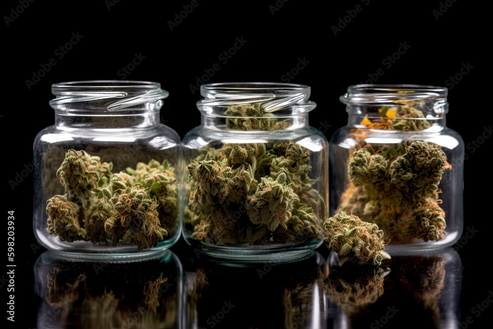 Assorted cannabis bud strains and glass jars isolated on black background Assorted cannabis bud strains and glass jars isolated on black background
