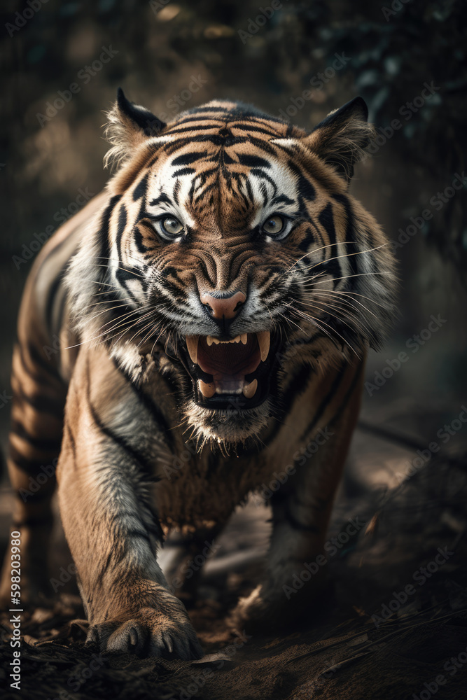 Wild tiger roaring aggressively. Jungle forest generative ai