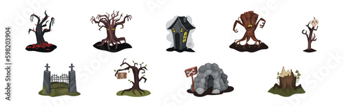 Gloomy Halloween Tree, House and Cave Vector Set