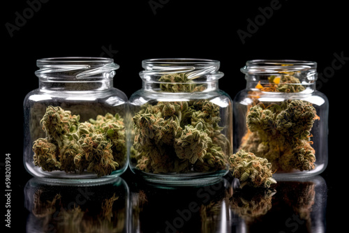 Assorted cannabis bud strains and glass jars isolated on black background