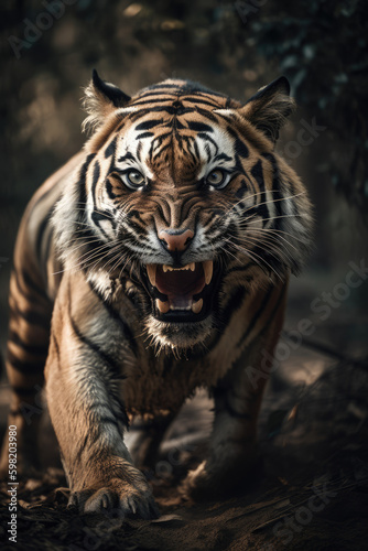 Wild tiger roaring aggressively. Jungle forest generative ai