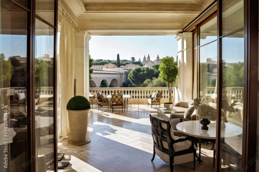 Hotel terrace with beautiful European view, Generative AI