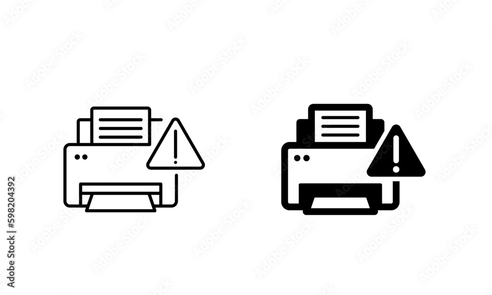 Simple vector printer with alert sign,  printer alerting icon, in outlined and flat style in black color for website design, mobile app, ui. 