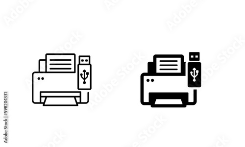 Simple wired printer icon, a printer with usb in outlined and flat style in black color for website design, mobile app, UI. 