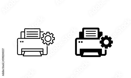 Simple icon for printer setting, printer with cog icon, in outlined and flat style in black color for website design, mobile app, ui. 