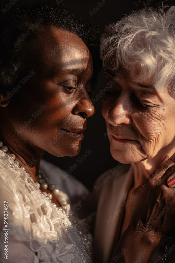 Old women lesbian couple. marrage Black and Caucasian female bride in love. LGBT pride month celebration generative ai Old women lesbian couple. marrage Black and Caucasian female bride in love. LGBT pride month celebration generative ai