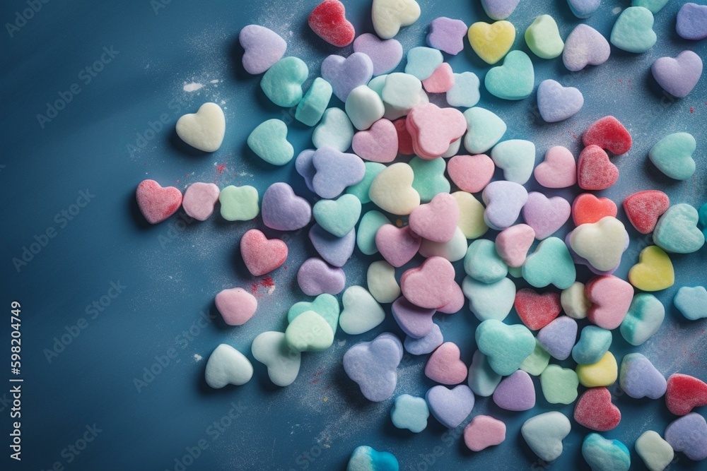 Pastel candy hearts on blue paper. Flat lay. Generative AI