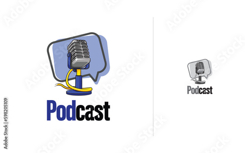 Old microphone as an illustration and podcast logo template design.