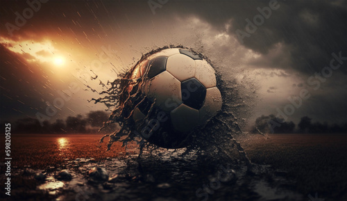 Concept of playing football or soccer in winter. Ball flying through mud and water with dark skies and sunlight in background. Generative AI © Adrian