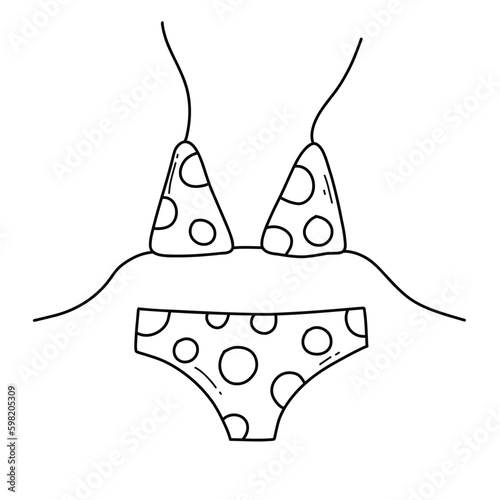 Women swimsuit in doodle style. Vector illustration. Linear style. Bra and briefs with polka dots.