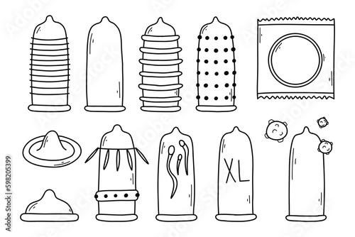 Set of condoms in doodle style. Vector illustration. Collection of different types of condoms. Linear style. Type of contraception.