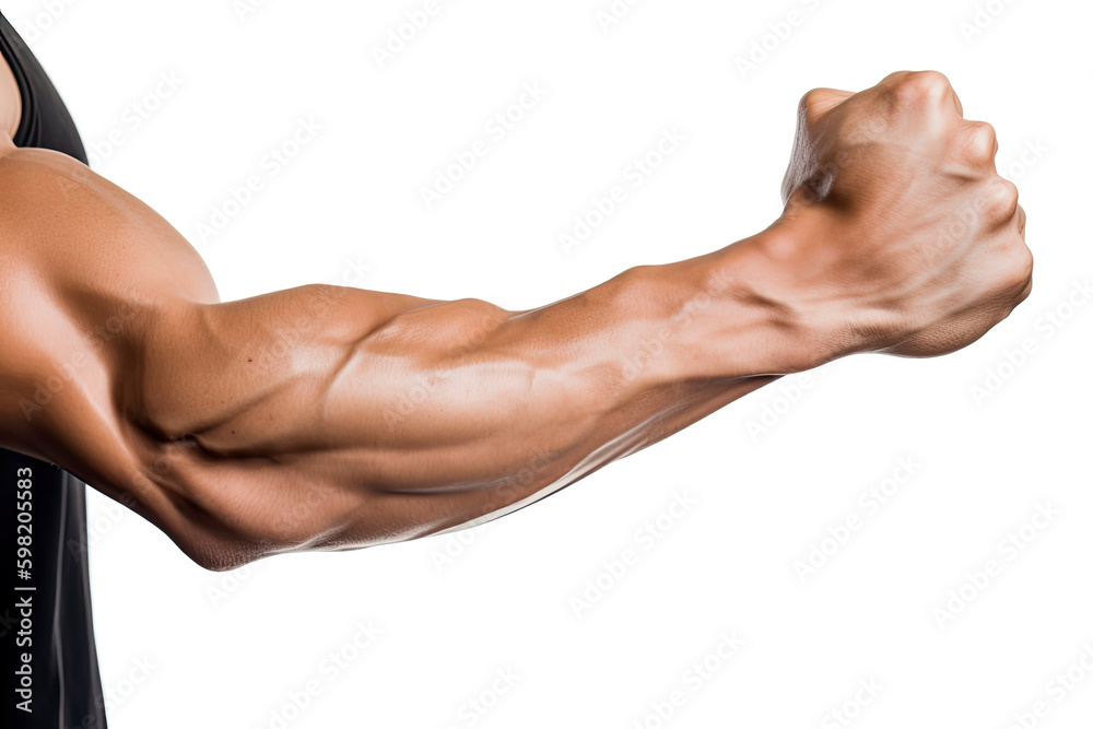 Body builder flexing his biceps (internal side) on white background Body builder flexing his biceps (internal side) on white background
