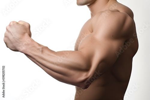 Body builder flexing his biceps (internal side) on white background