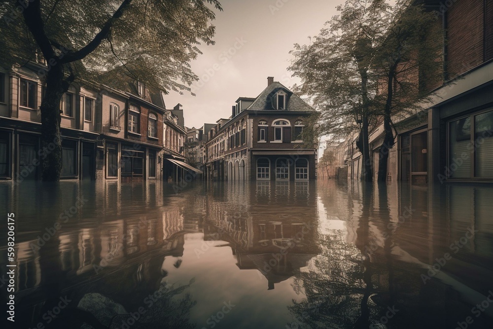 A town submerged in floodwaters. Generative AI