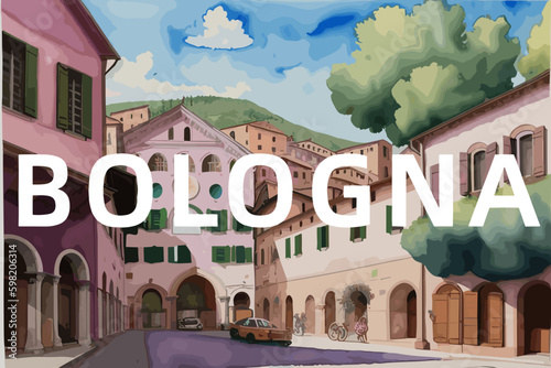 Bologna: Beautiful painting of an Italian village with the name Bologna in Emilia-Romagna