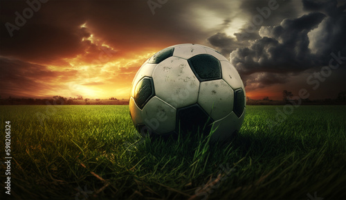 soccer ball on grass with dark skies and sunset in the background. Generative AI © Adrian