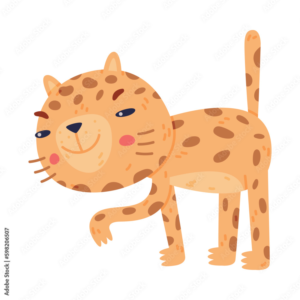Fototapeta premium Cute Little Jaguar with Spotted Fur Walking and Smiling Vector Illustration