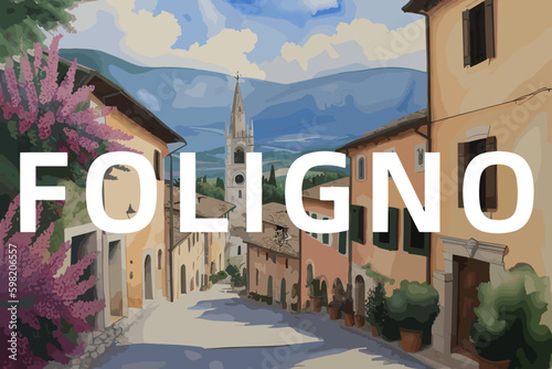 Foligno: Beautiful painting of an Italian village with the name Foligno in Umbria photo