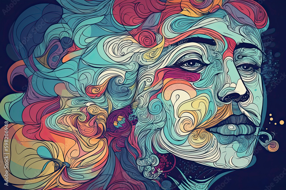 Colourful psychedelic line art with the abstract smoking woman. Cigarette