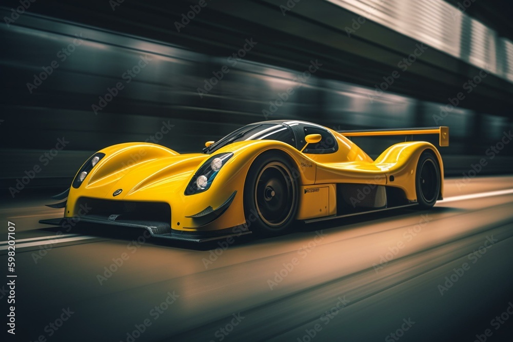 A fast yellow race car on track with motion blur in background and blurred front of car. Generative AI
